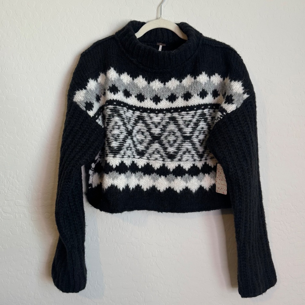 NWT Free People Onyx Combo Fair Isle Cropped Wool Alpaca Sweater Chunky Knit